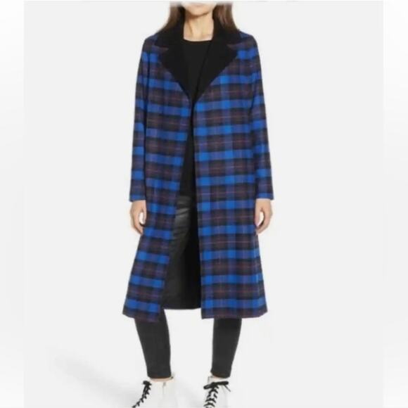 Helene Berman London Wool Blend Blue Tartan Plaid Open Front Long Coat Large - Picture 1 of 5